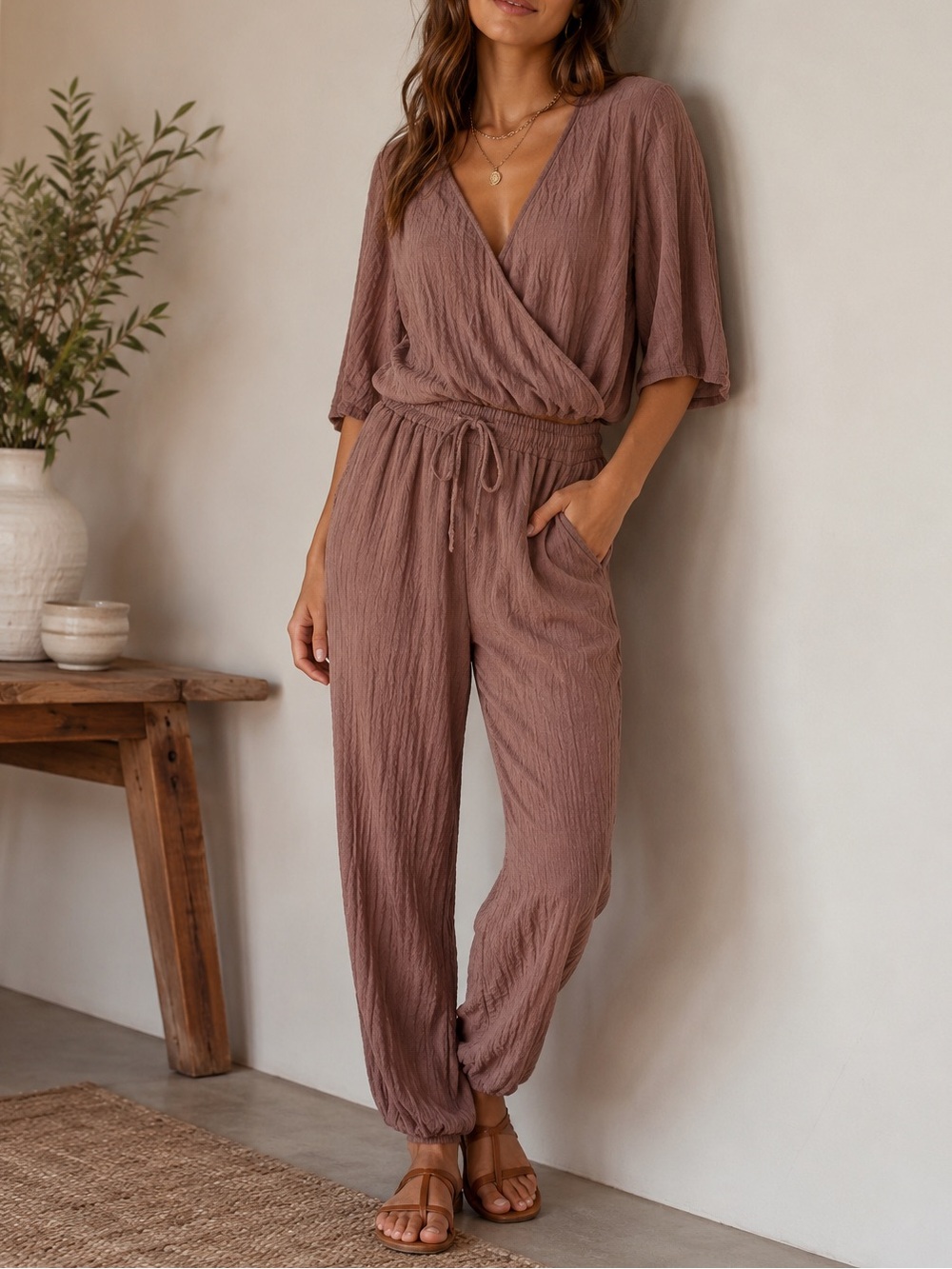 🟠NWT GEEGEE 2PC Textured Jogger Pants/Wrap Style 3/4 Sleeve Top in Mocha